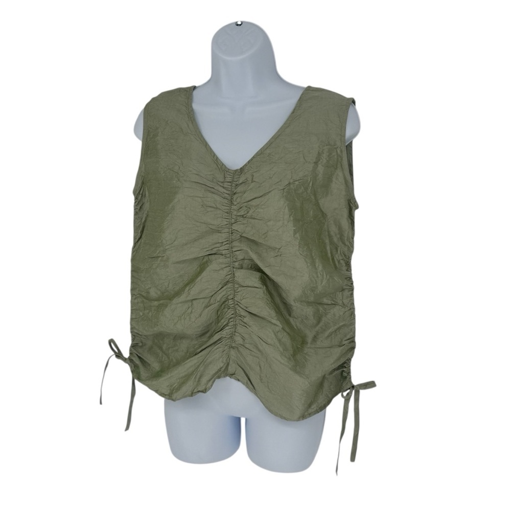 Judy Tampa 100% Silk Olive Green Ruched Stretchy Ties Sleeveless Top Size Small